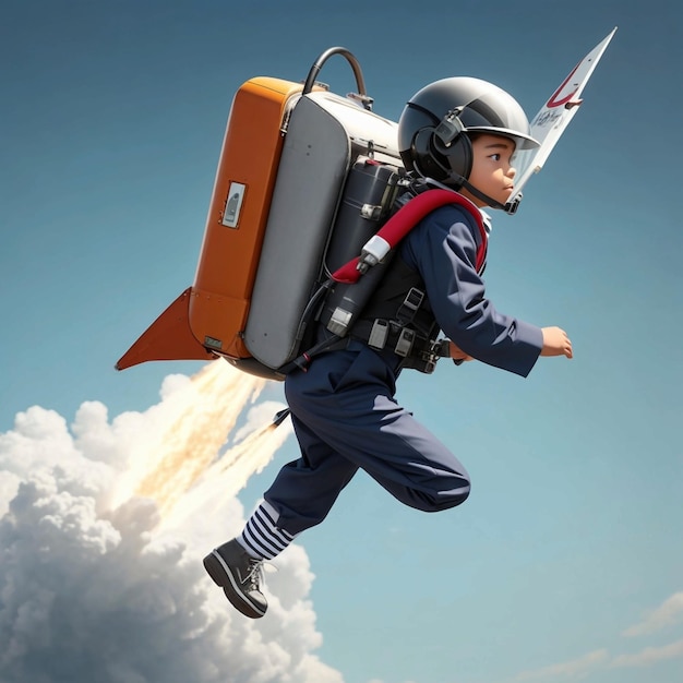 a school suit flies on a jetpack