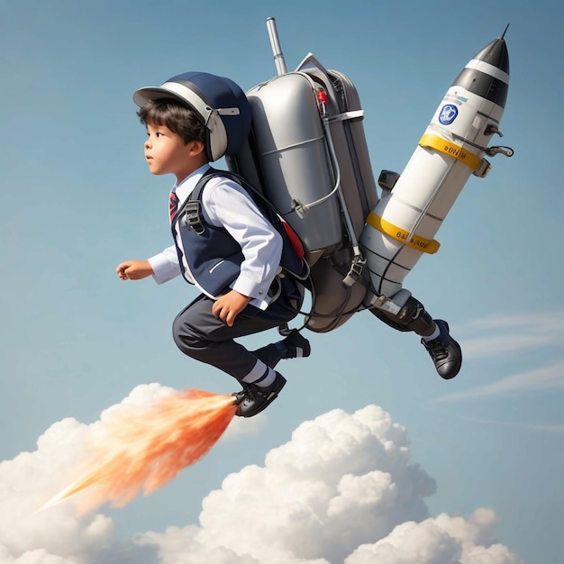 a school suit flies on a jetpack