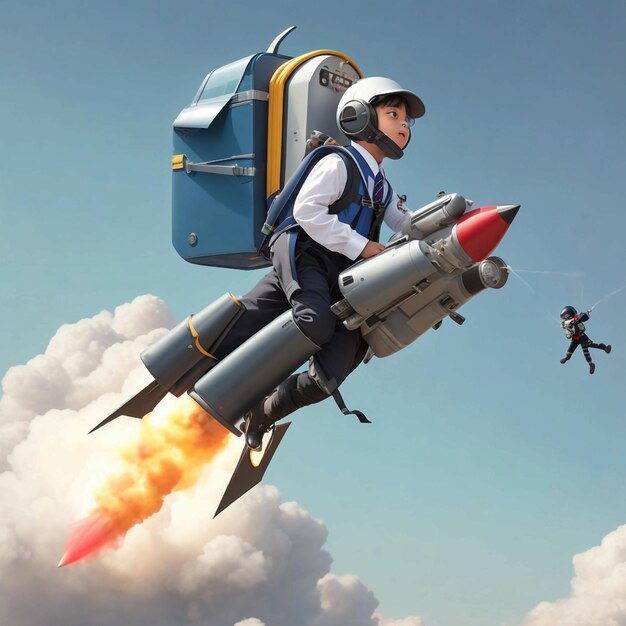 a school suit flies on a jetpack