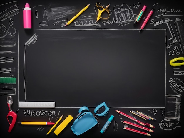 school supplies and accessories on blackboardback to school background