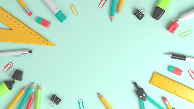 School supplies Back to school background 3D Render