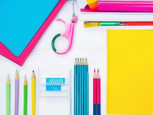 School supplies background top view with copy text space