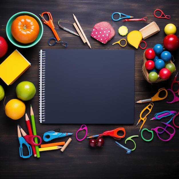 School supplies on black board background back to school concepะ