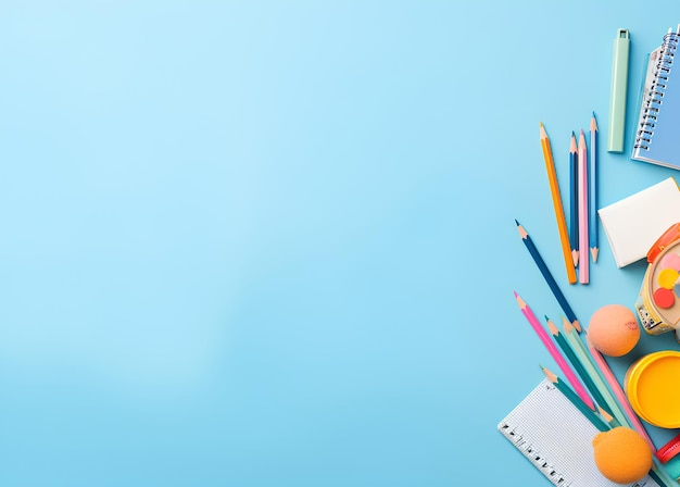 school supplies on a blue background