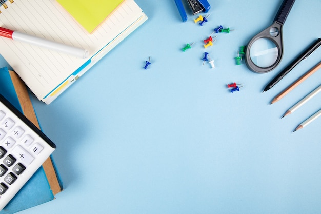 School supplies on the blue table