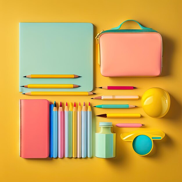 School supplies collection on pastel yellow background back to school flat lay