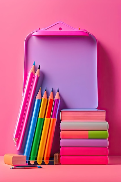 School supplies collection on pink background Back to school concept