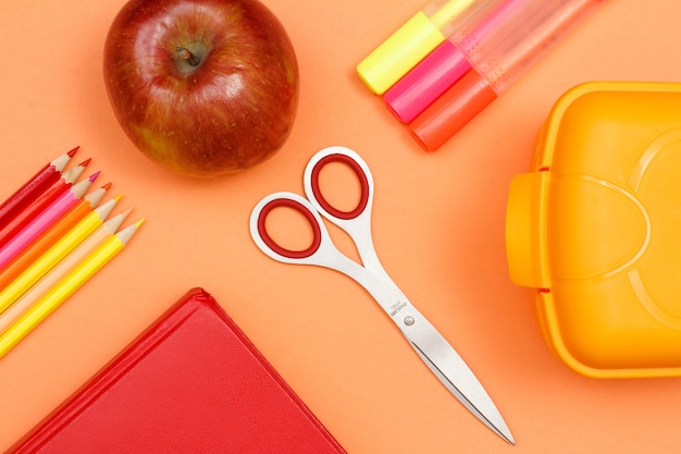 School supplies. Color pencils, book, apple, scissors, felt pens and lunch box on pink background. Top view. Back to school concept. Pastel colors