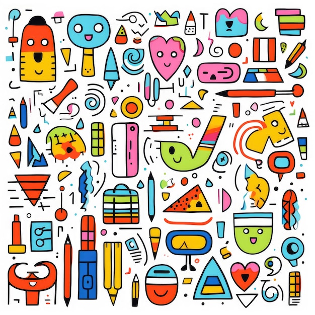 Photo school supplies colorful set of doodles on white background generative ai