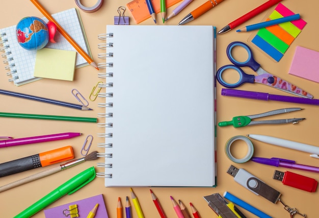 School supplies on colorfull background. Copy space.