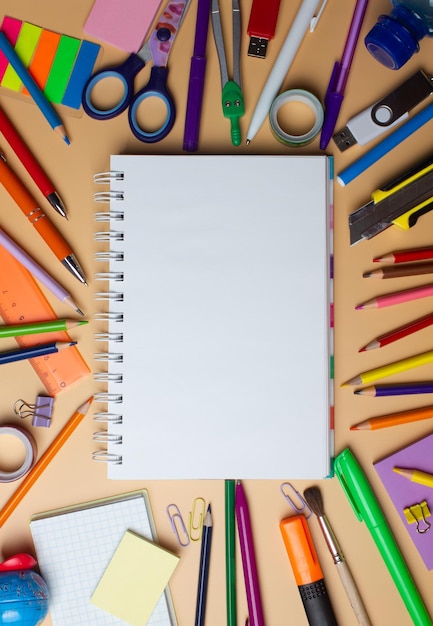 School supplies on colorfull background. Copy space.