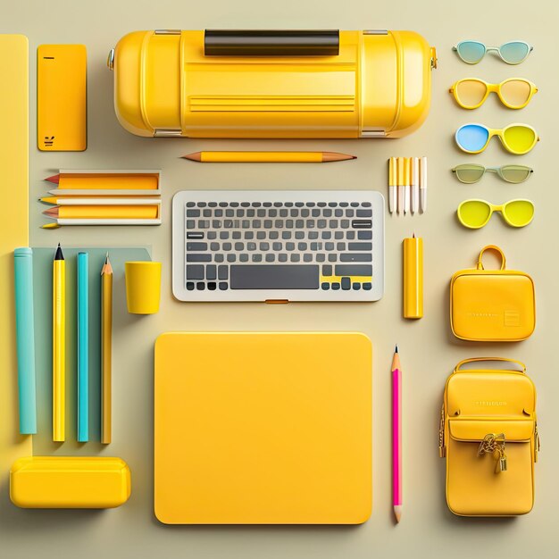 School supplies over creative flat lay yellow desktop