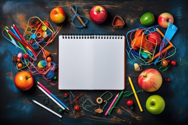 School supplies on dark background Back to school concept Top view Back to school concept Open notebook with school supplies AI Generated