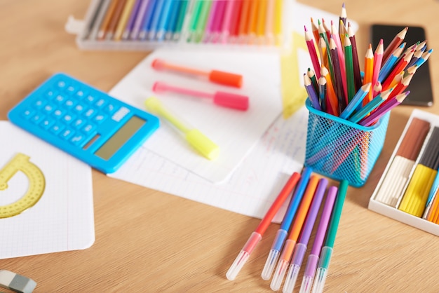 school supplies on the desk