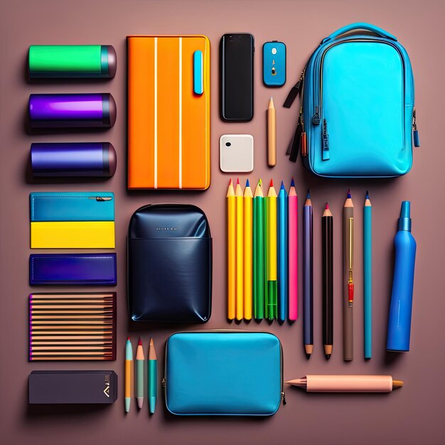 School supplies flat lay