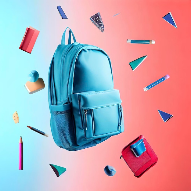 School supplies floating with blue backpack and red pastel background