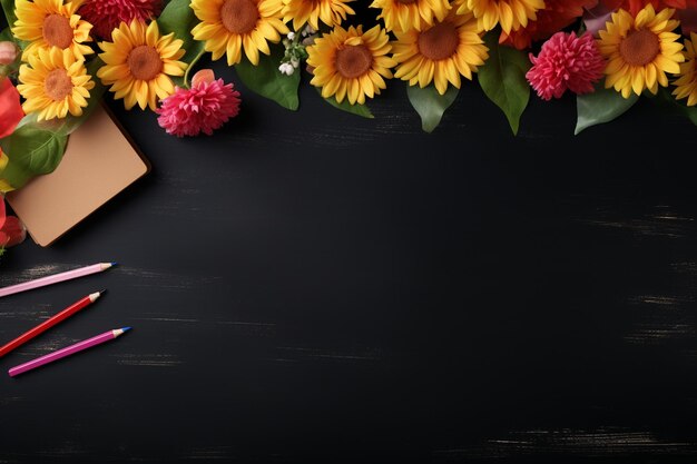 Photo school supplies and flowers on blackboard background with inscription teacher day