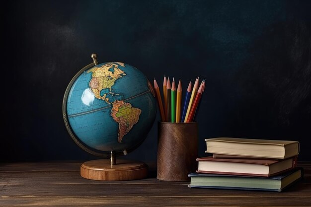 School supplies next to the globe and stack of books on the blackboard background Back to school concept on September day