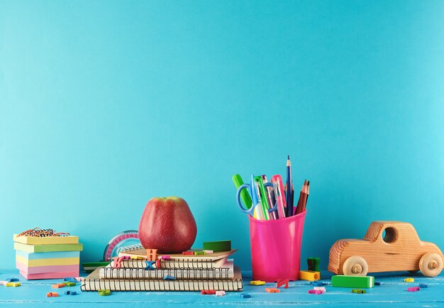 School supplies: notebook, pencils, stickers