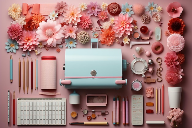 School Supplies in Pink and Blue Colors Flat Lay Composition