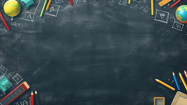 School supplies placed on blackboard top view