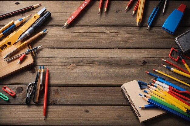 School supplies on rustic wooden table