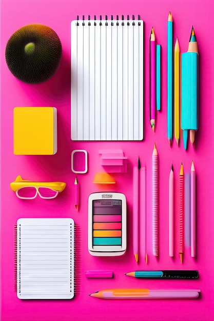 Photo school supplies straggled on a pink background flat lay