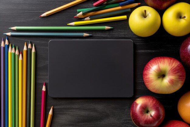 Photo school supplies for students chalkboard pencils crayons and apples