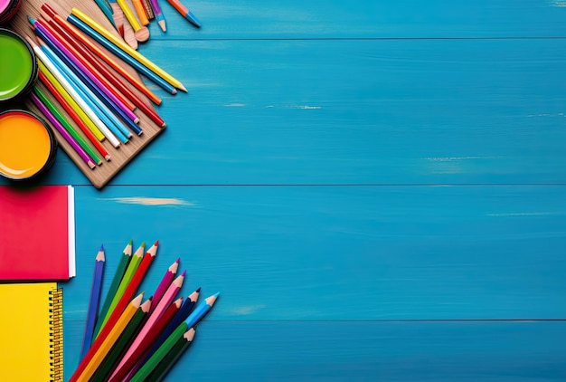 School supplies on table Back to school concept Top view with copy space