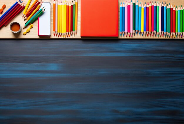 Photo school supplies on table back to school concept top view with copy space