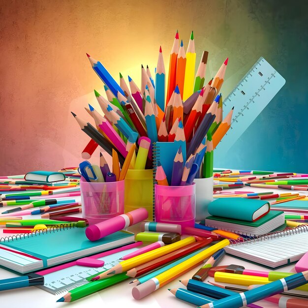 School supplies on a table photo 3d render ai generated