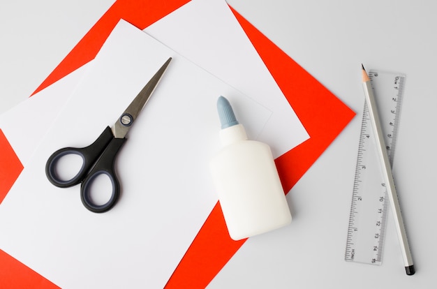 Photo school supplies on white table