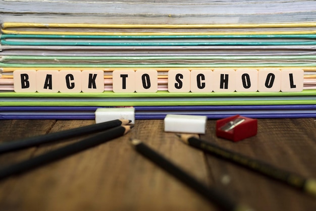 School supplies with text on table