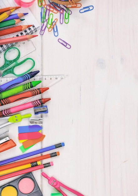 School supplies on wooden desk Back to school concept