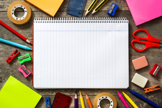 School supplies on wooden table Back to school concept Copyspace.