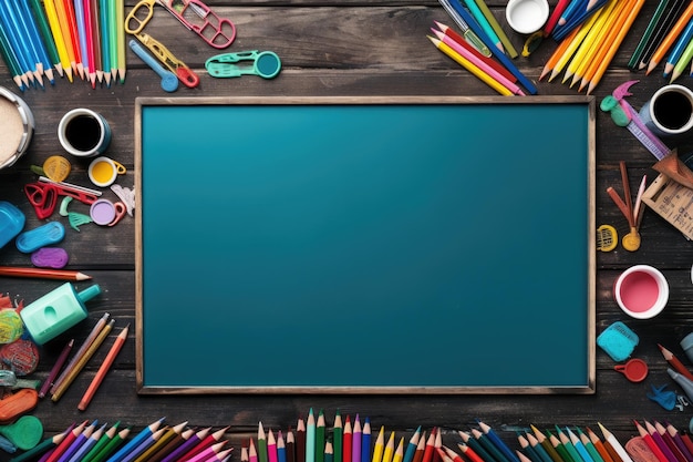 School supplies on wooden table Back to school concept Top view