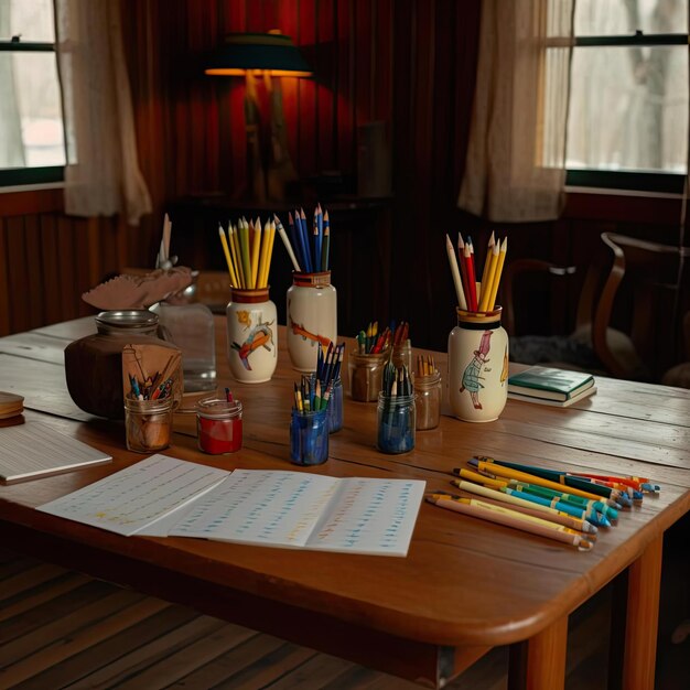 School supplies on a wooden table in a room with a window