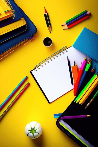 School supplies on yellow background back to school