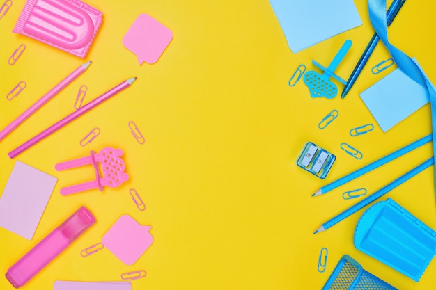 School supplies on yellow background