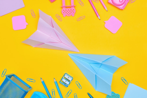 School supplies on yellow background