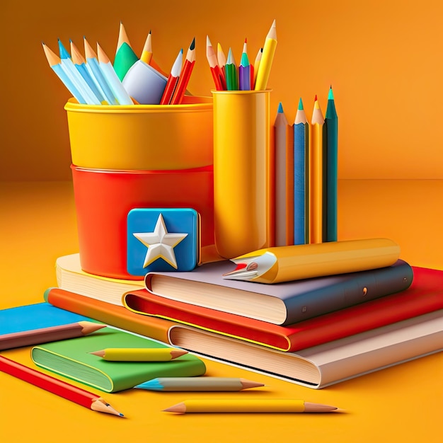 School supplies on yellow background