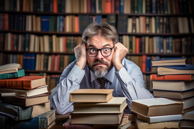 Photo school teacher on the background of books male teacher in the library