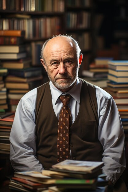 Photo school teacher on the background of books male teacher in the library