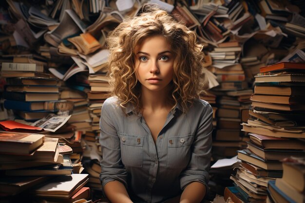 Photo school teacher on the background of books woman teacher in the classroom