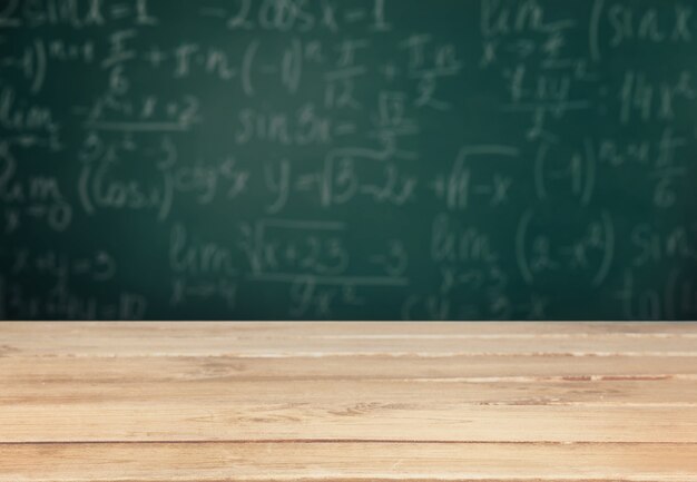 A school teacher's wooden table in school desk with text and formulas