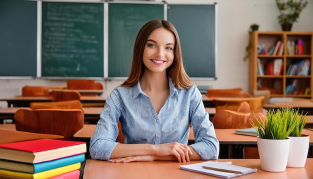 Photo school teacher sitting in a classroom with a notebook