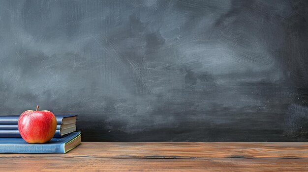 A school teacher39s desk with stack of exercise books and apple in left frame A blank blackboard in soft focus background provides copy space