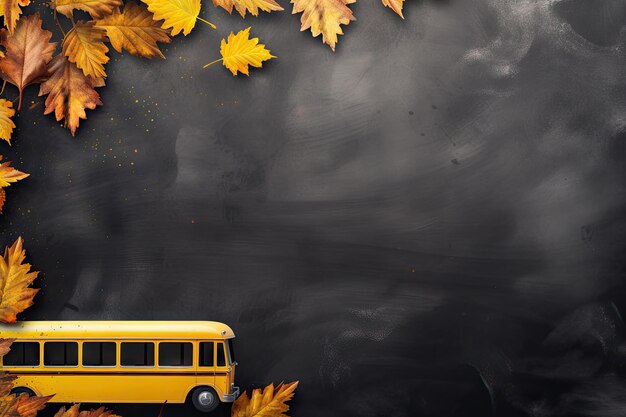 School theme with bus pencils tree sketch autumn leaves on blackboard banner