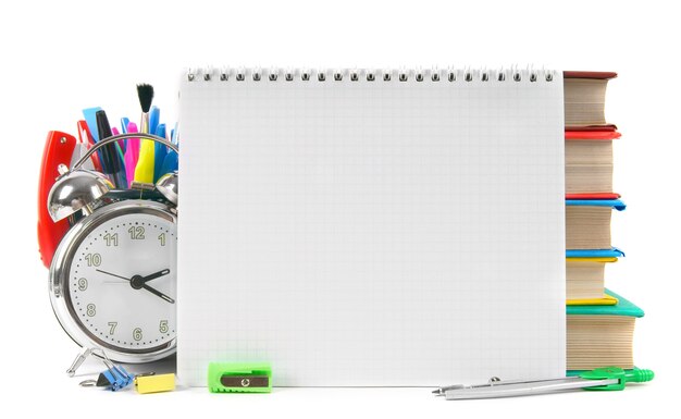 School tools and accessories on white.