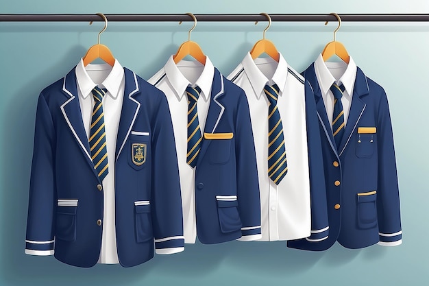 子供やティーンエイジャーの学校制服がハンガーに掛かっている